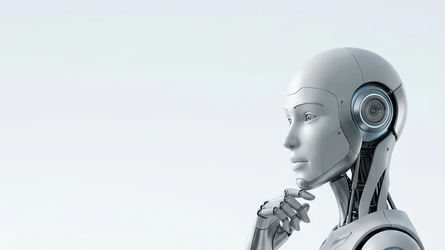 Contemplative humanoid robot symbolizing thoughtful human and AI collaboration and modern workforce adaptation